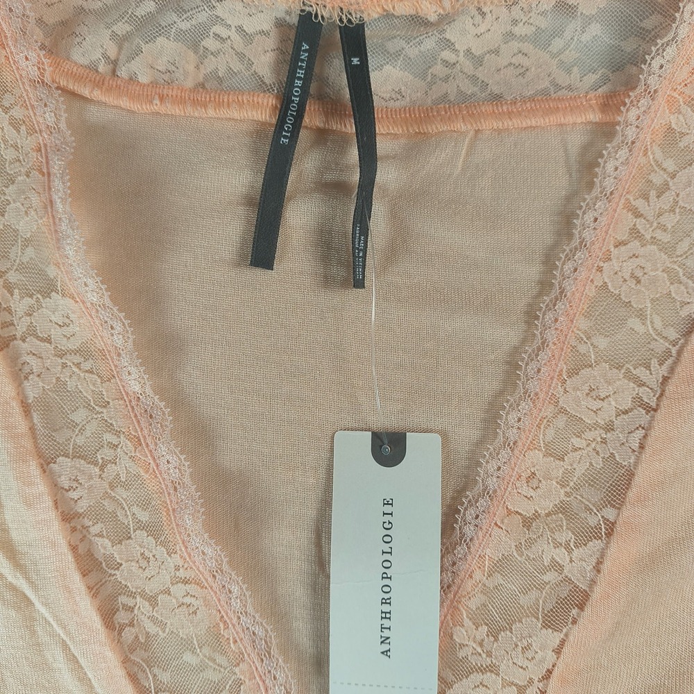Anthropologie Laced V Neck Tee Peach Lace Trim Lyocell Stretch Top NWT Medium - Picture 2 of 8